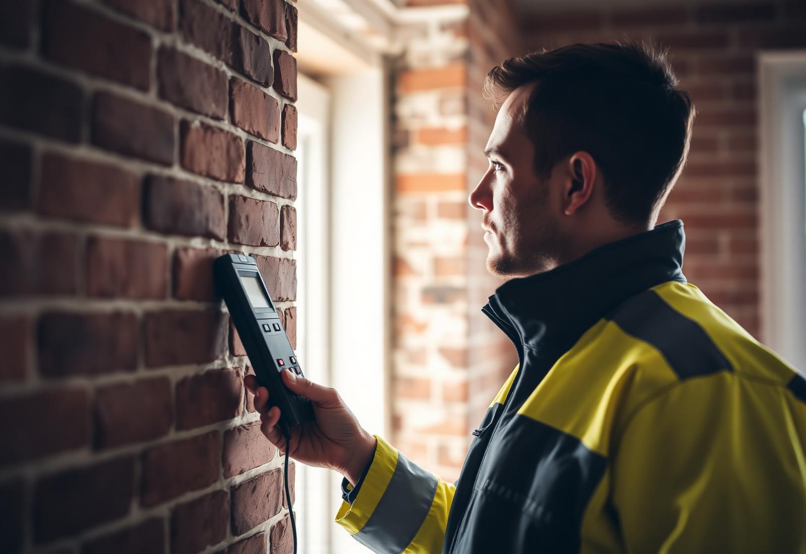 TrueCheck surveyor inspecting a damp brick wall with a moisture meter